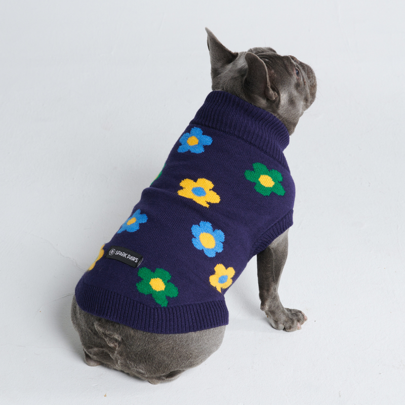 編み犬用セーター - 青緑黄色の花