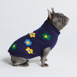 編み犬用セーター - 青緑黄色の花