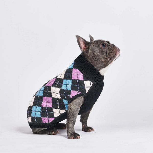 編み犬用セーター - ブラックアーガイル
