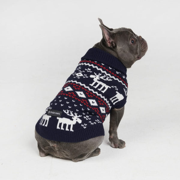 Navy Christmas Reindeer Knit Dog Sweater