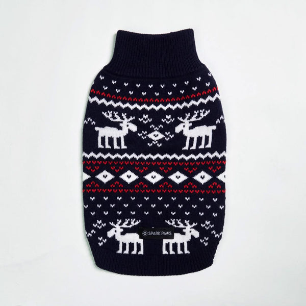 Navy Christmas Reindeer Knit Dog Sweater