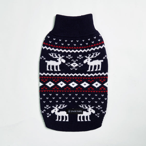 Navy Christmas Reindeer Knit Dog Sweater