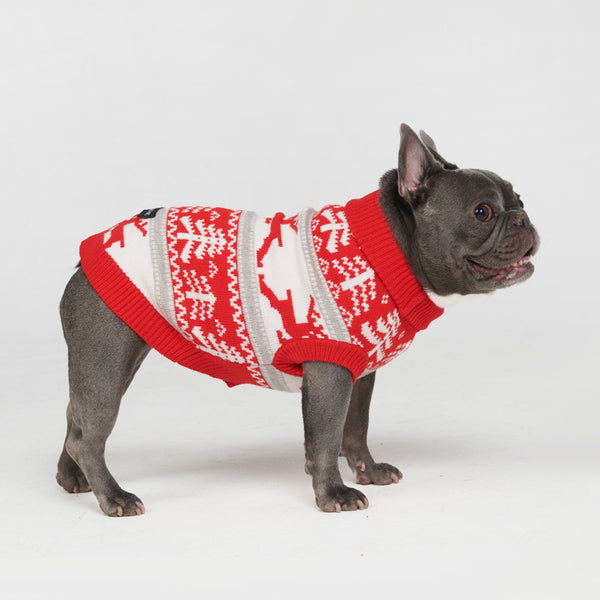 Red White Christmas Reindeer Knit Dog Sweater