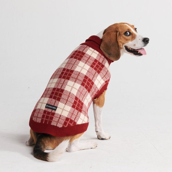 編み犬用セーター - レッドプレードグリッド